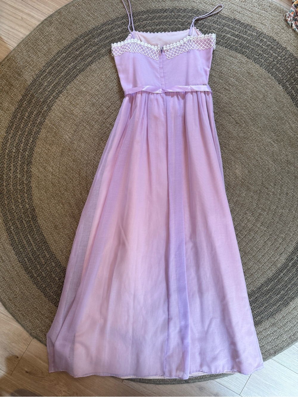 vintage lavender maxi dress white lace trim straight neckline spaghetti straps - Picture 9 of 13